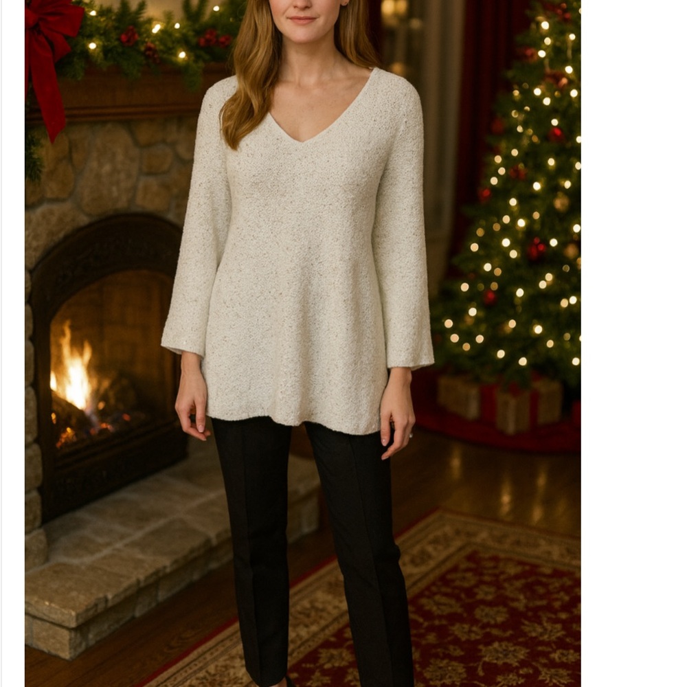 Chicos White cream Gold Sequin V-neck v neck Sweater chenille sparkle ivory L